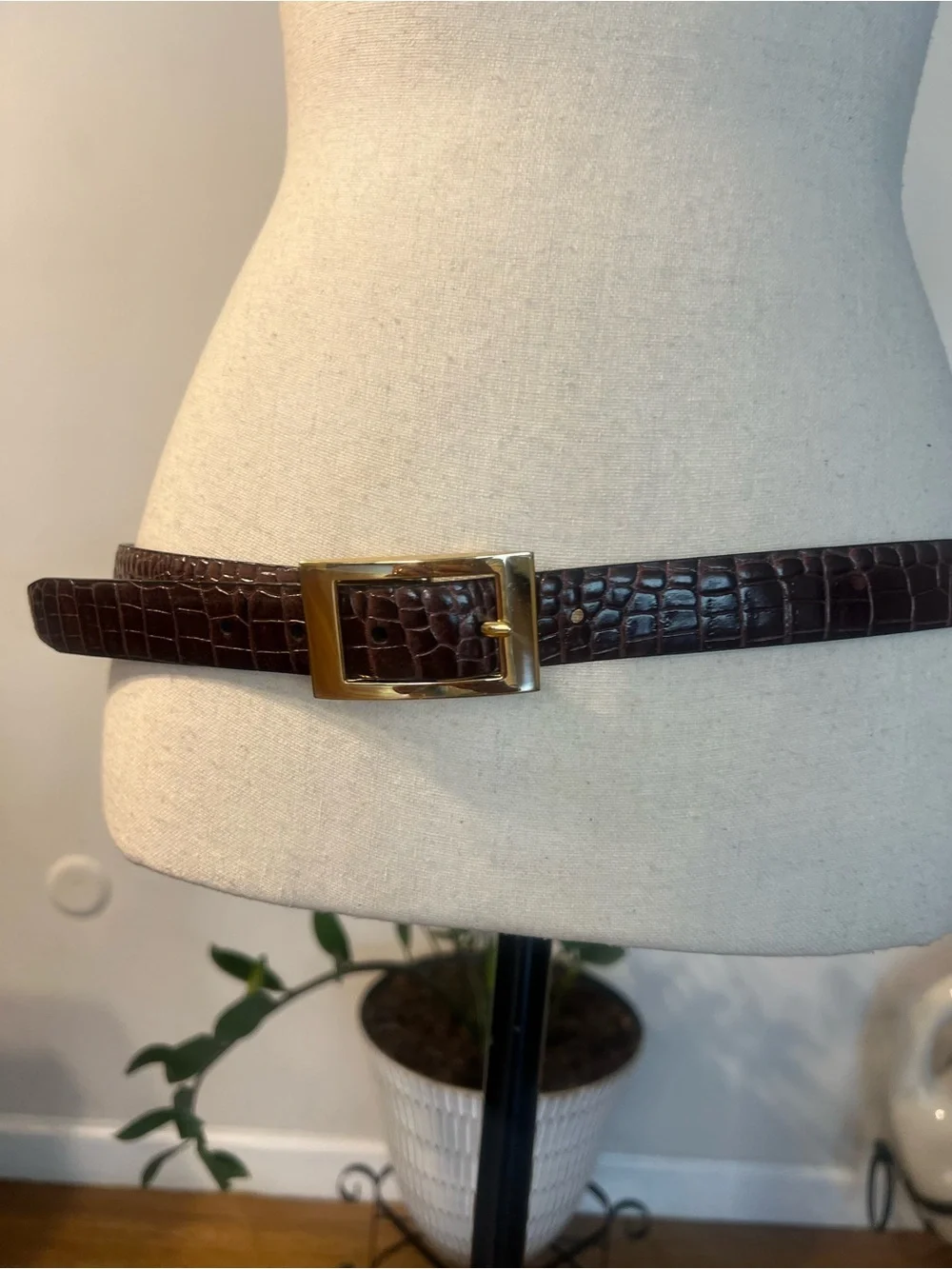 Brown Croc-Embossed Leather Belt with Gold Buckle